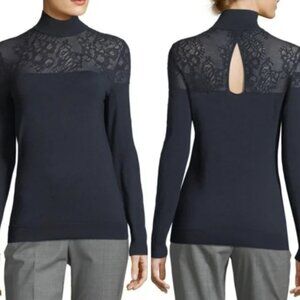 Lafayette 148 New York Silk Sweater Lace Keyhole Turtleneck Knit Top